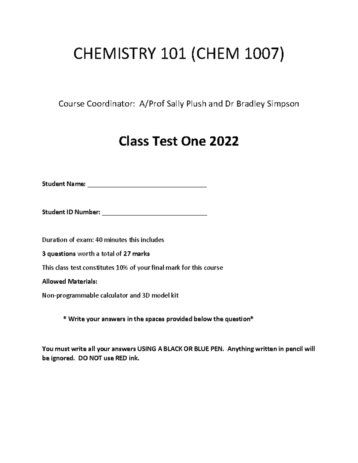 Class-Test-1-draft-2022 Answers - CHEMISTRY 101 (CHEM 1007) Course  Coordinator: A/Prof Sally Plush - Studocu