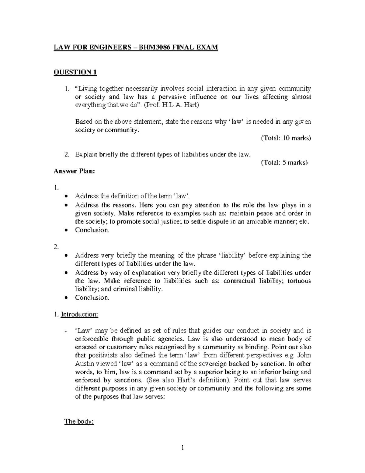 Law Final Exam with Answers LAW FOR ENGINEERS BHM3086 FINAL EXAM