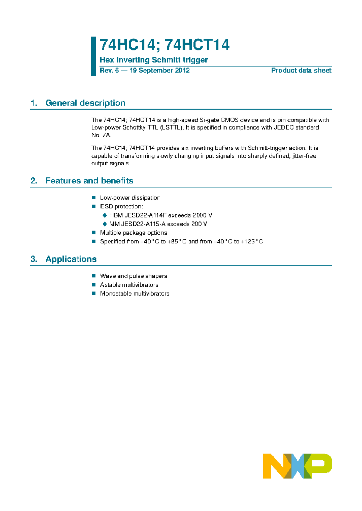 NXP Semiconductors-74HC14N,652-datasheet - 1. General Description The ...