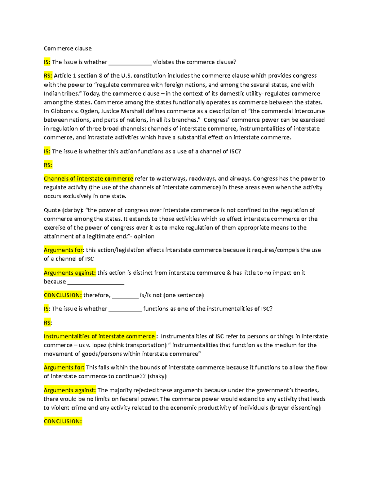 Commerce clause tentative outline - Commerce clause IS: The issue is ...