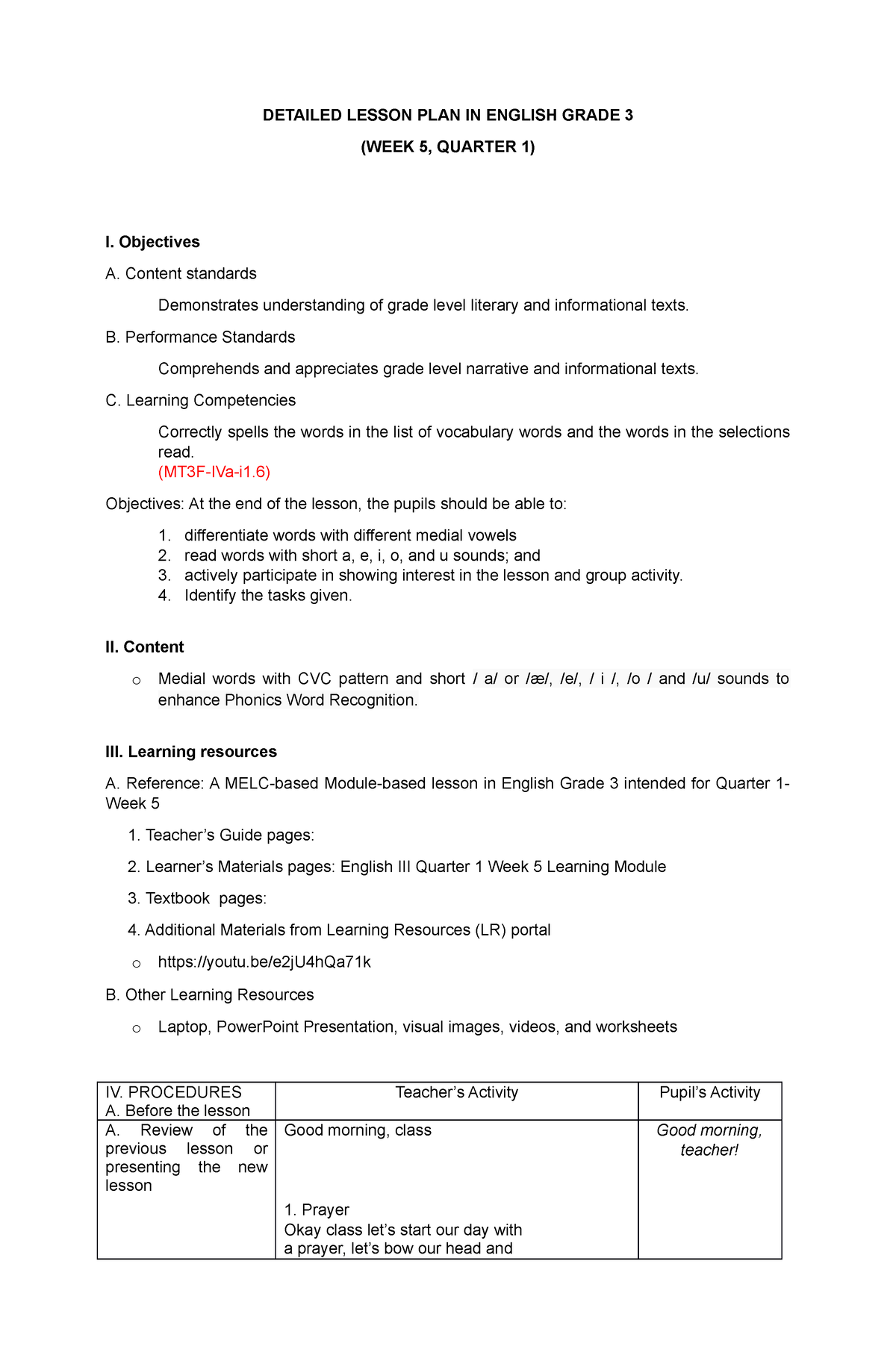 A Detailed Lesson Plan In English 3 1st Quarter Detailed Lesson Plan In English Grade 3 Week 3418