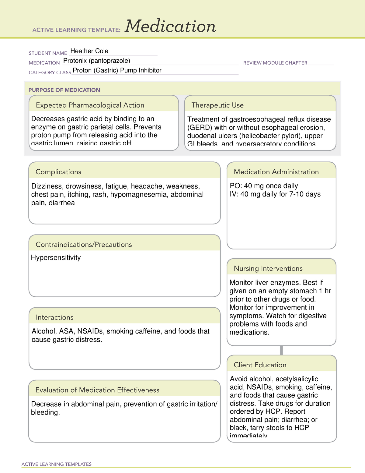 Protonix drug cards ACTIVE LEARNING TEMPLATES Medication STUDENT