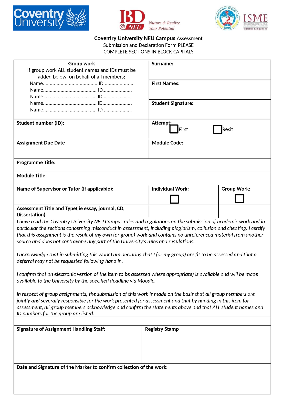 CU Assessment cover sheet v2 - Coventry University NEU Campus ...