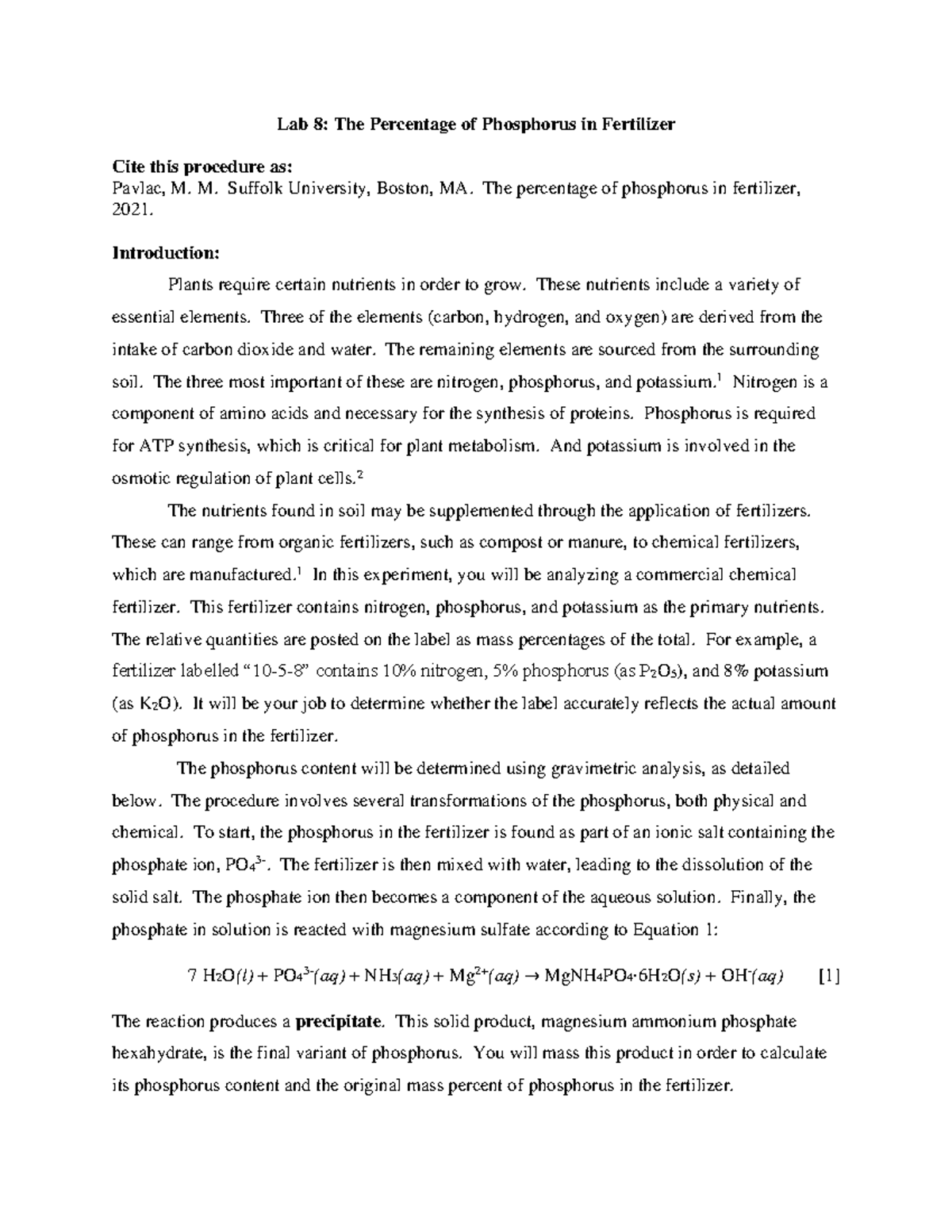7 Phosphorus Handout F22 Lab 8 The Percentage of Phosphorus in