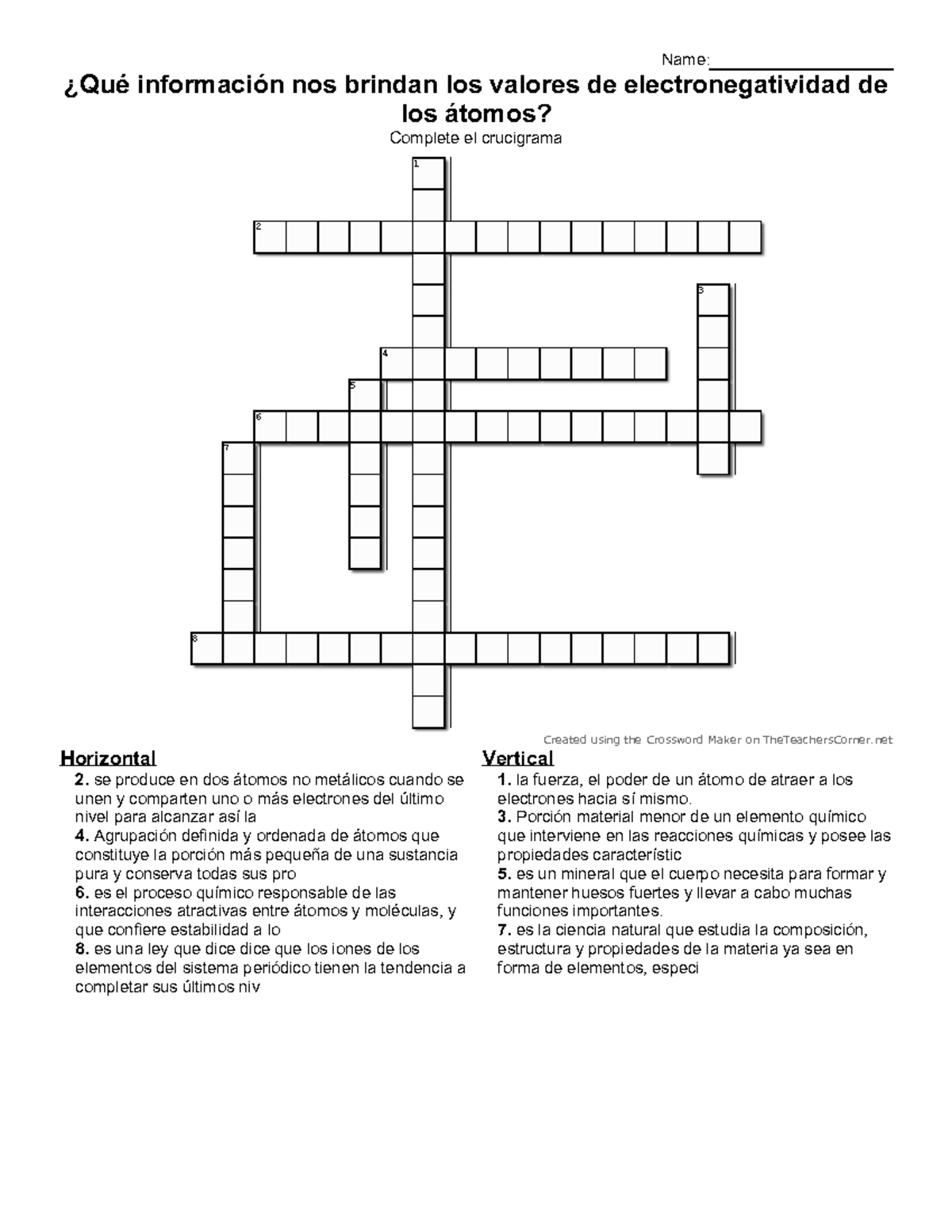 Crucigrama de Quimica sin respuesta ¿Qué