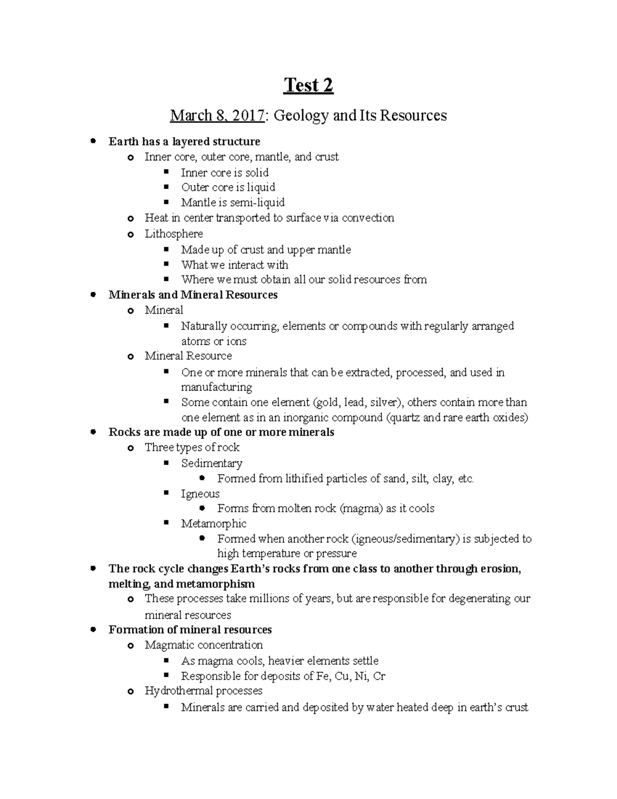 Notes For Test 2 - Geology And Its Resources; Mineral Resources And ...