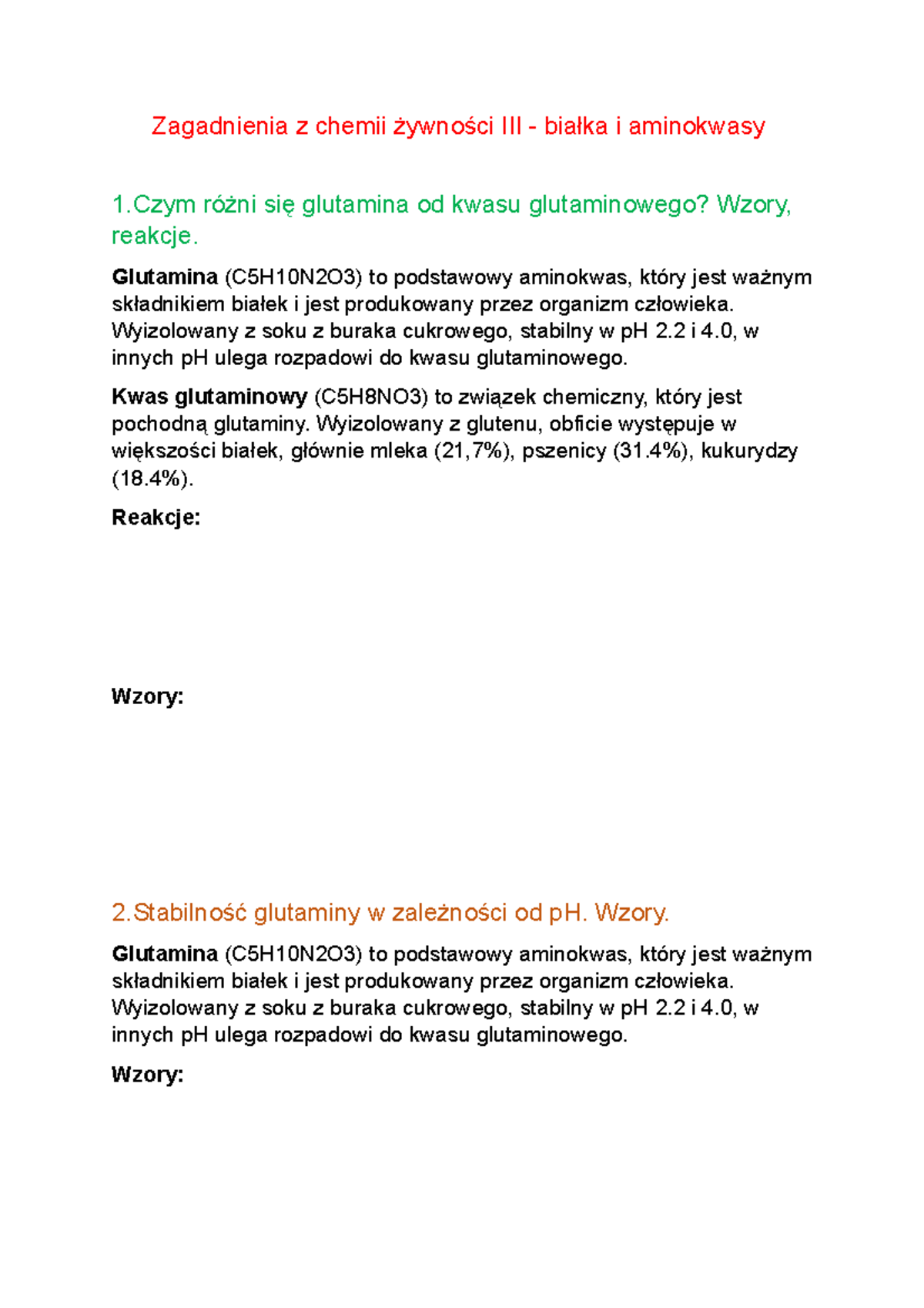 Chemia żyw, białka i aminokwasy - kolos zagadnienia - Zagadnienia z