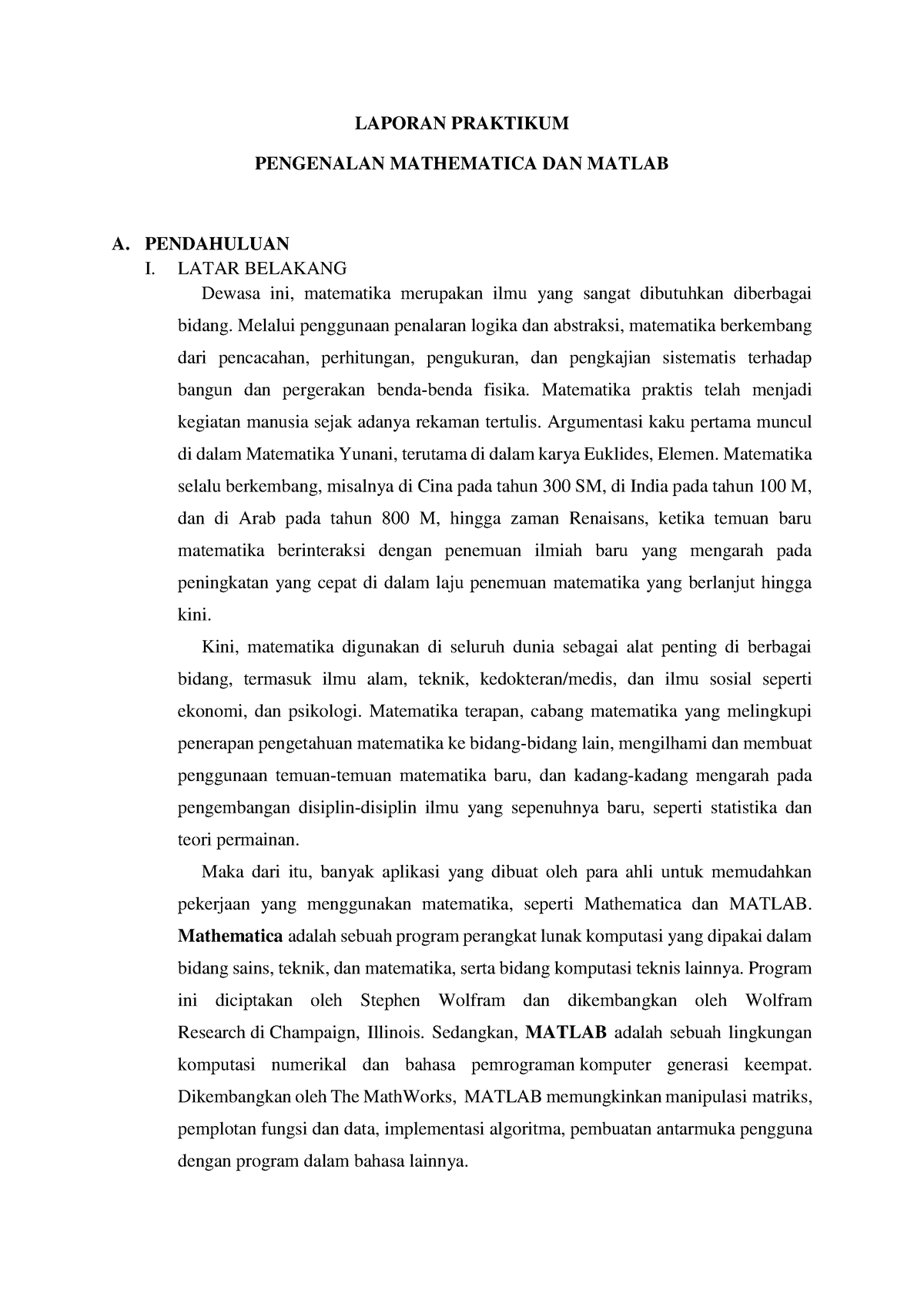 Laporan Praktikum - Pengenalan Mathematica Dan Matlab - LAPORAN ...