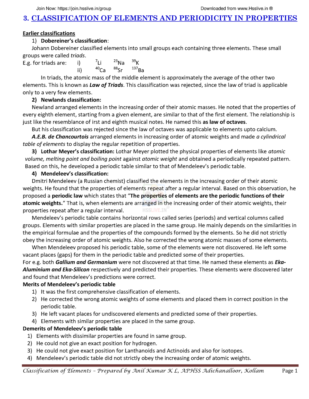 Chemistry 1 - Notes on Classification of elements - 3. CLASSIFICATION ...