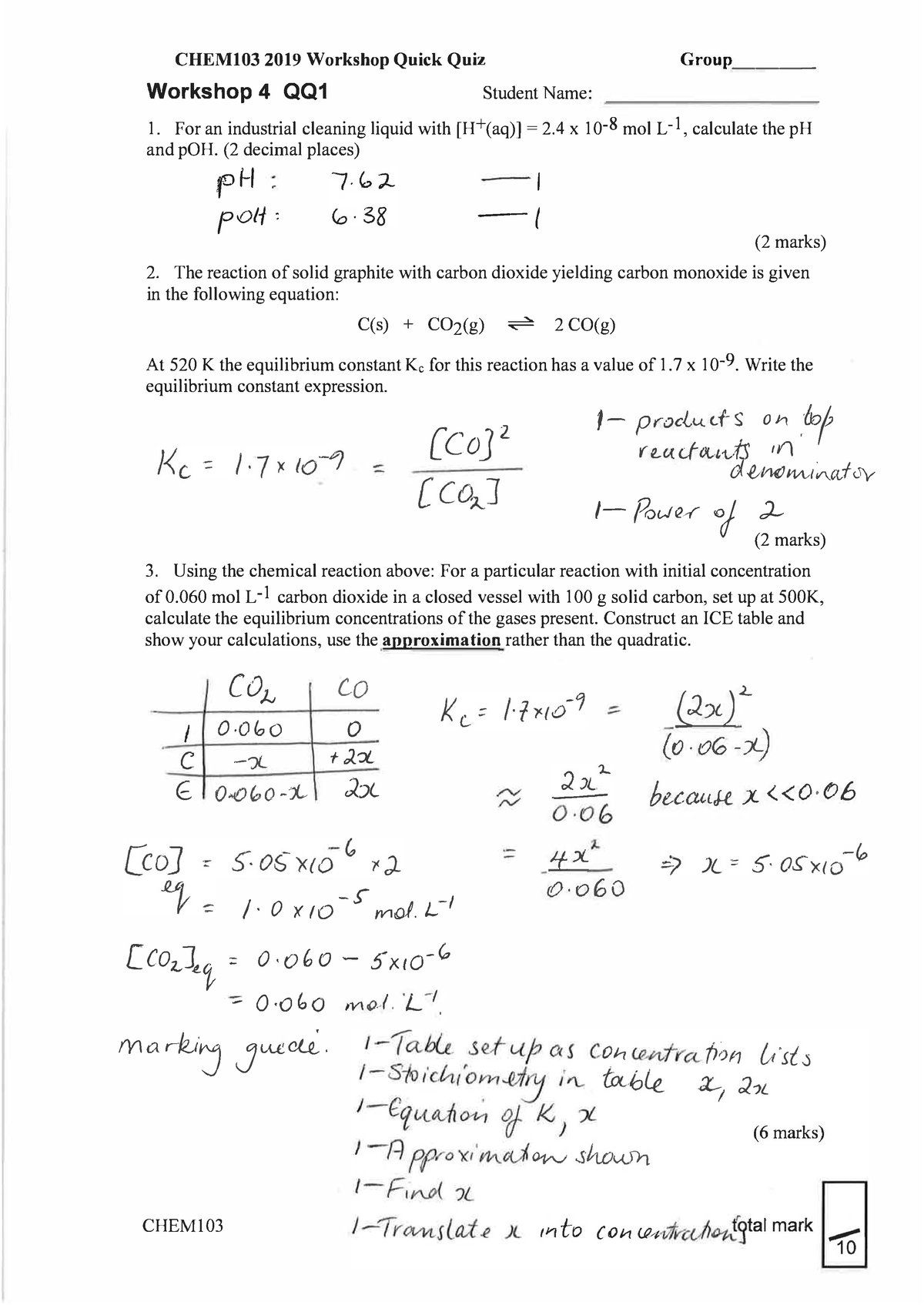 CHEM103 W4 QQ Guideline Answers - CHEM103 201 9 Workshop Quick Quiz ...