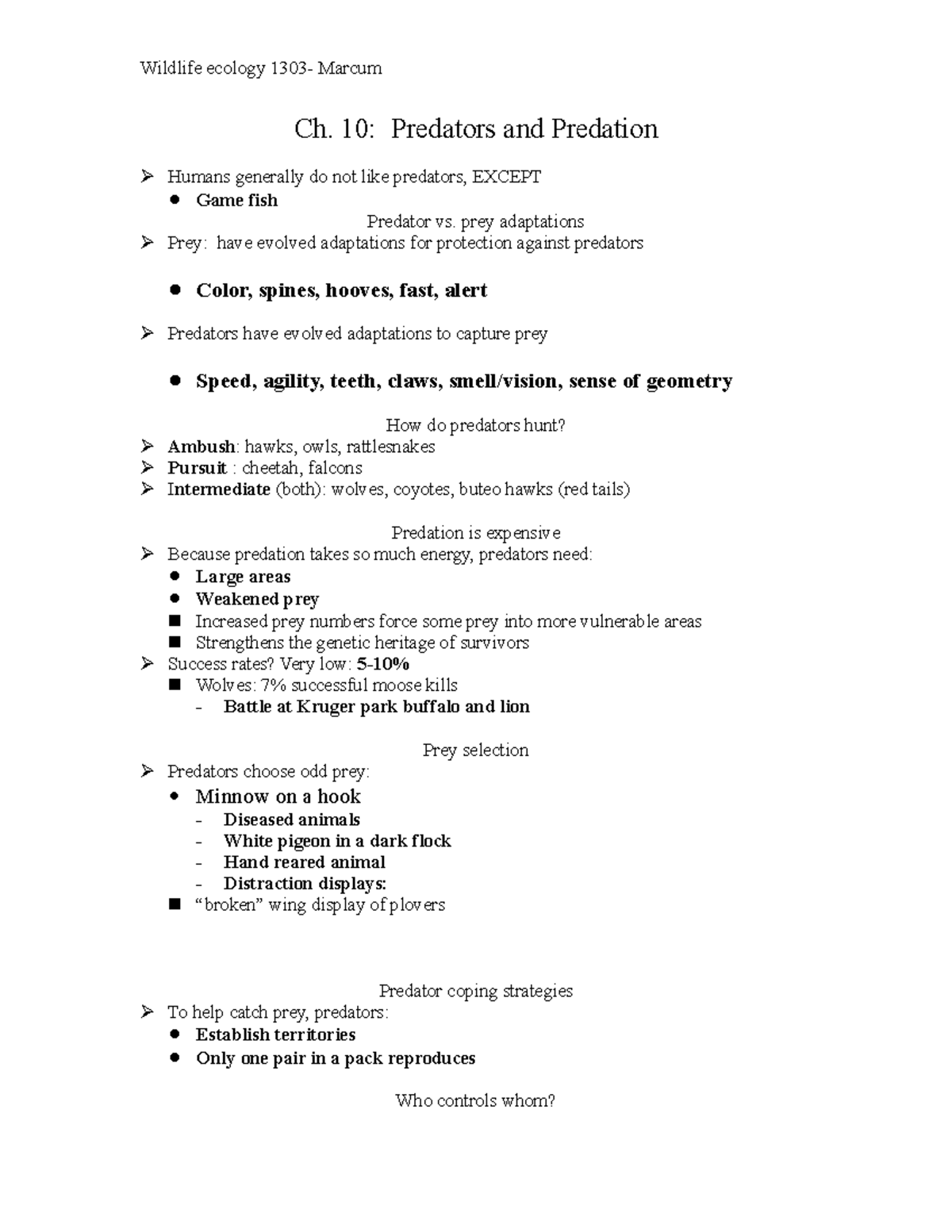 chapter 10 test 3 - Wildlife ecology 1303- Marcum Ch. 10: Predators and