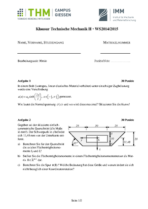 Formelsammlung Tm2 - Technische Mechanik 2 - THM - Studocu