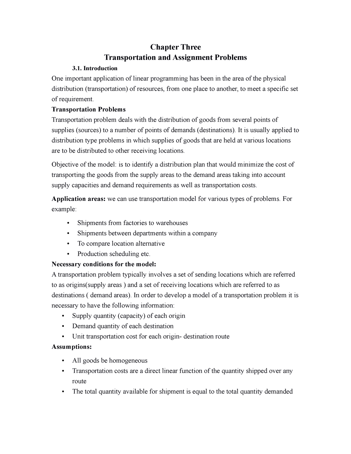 chapter 3 transportation and assignment problem