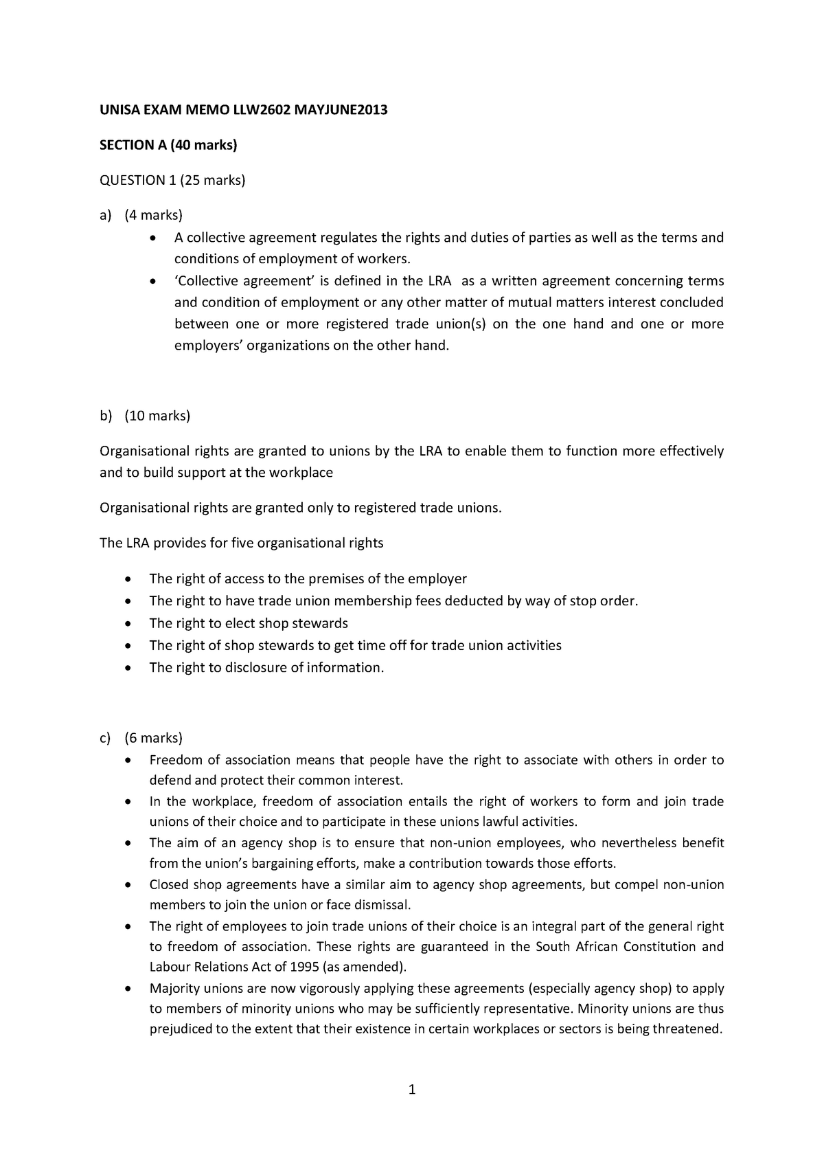 memo llw examamination - 1 UNISA EXAM MEMO LLW2602 MAYJUNE SECTION A ...