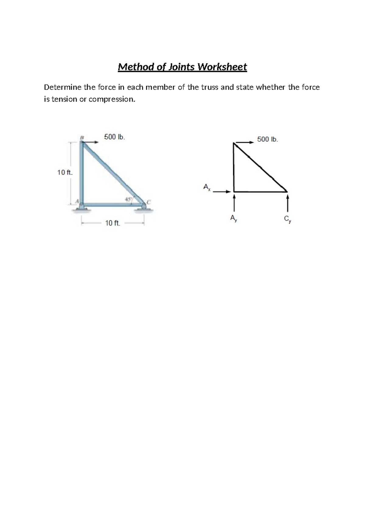 Method of Joints Worksheet 1 - BNMD12005 - Method of Joints Worksheet ...