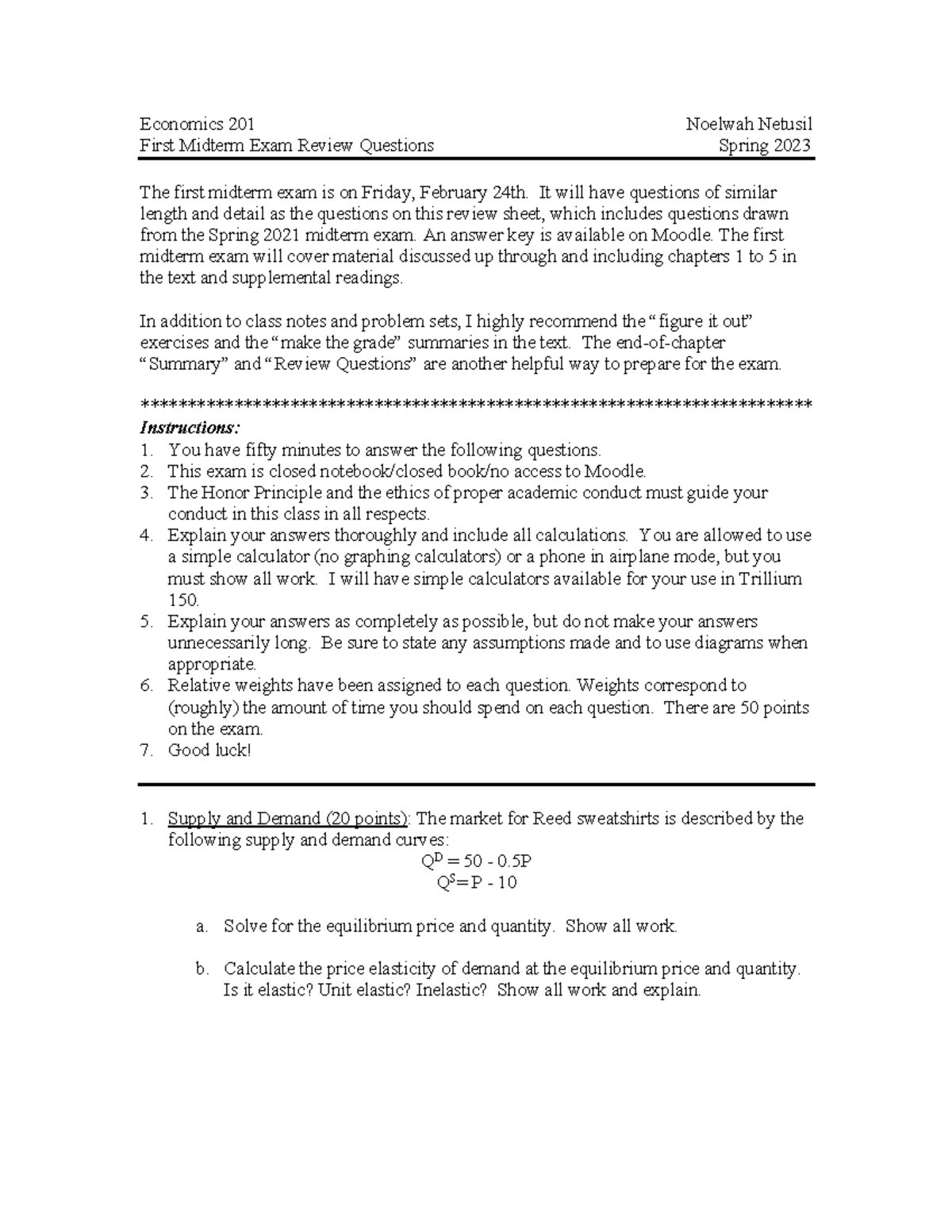Econ201 Exam1Review Questions-2023 - Economics 201 Noelwah Netusil First Midterm Exam Review ...