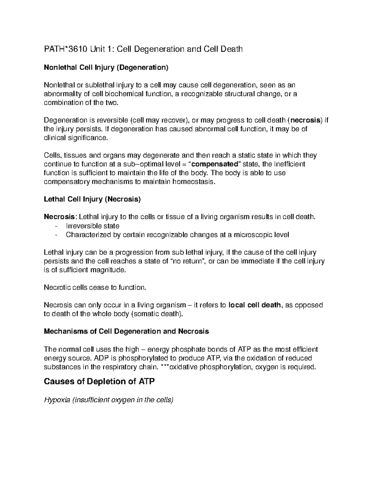 PATH Unit 1 - Lecture notes 1 - Unit 1: Cell Degeneration and Cell ...