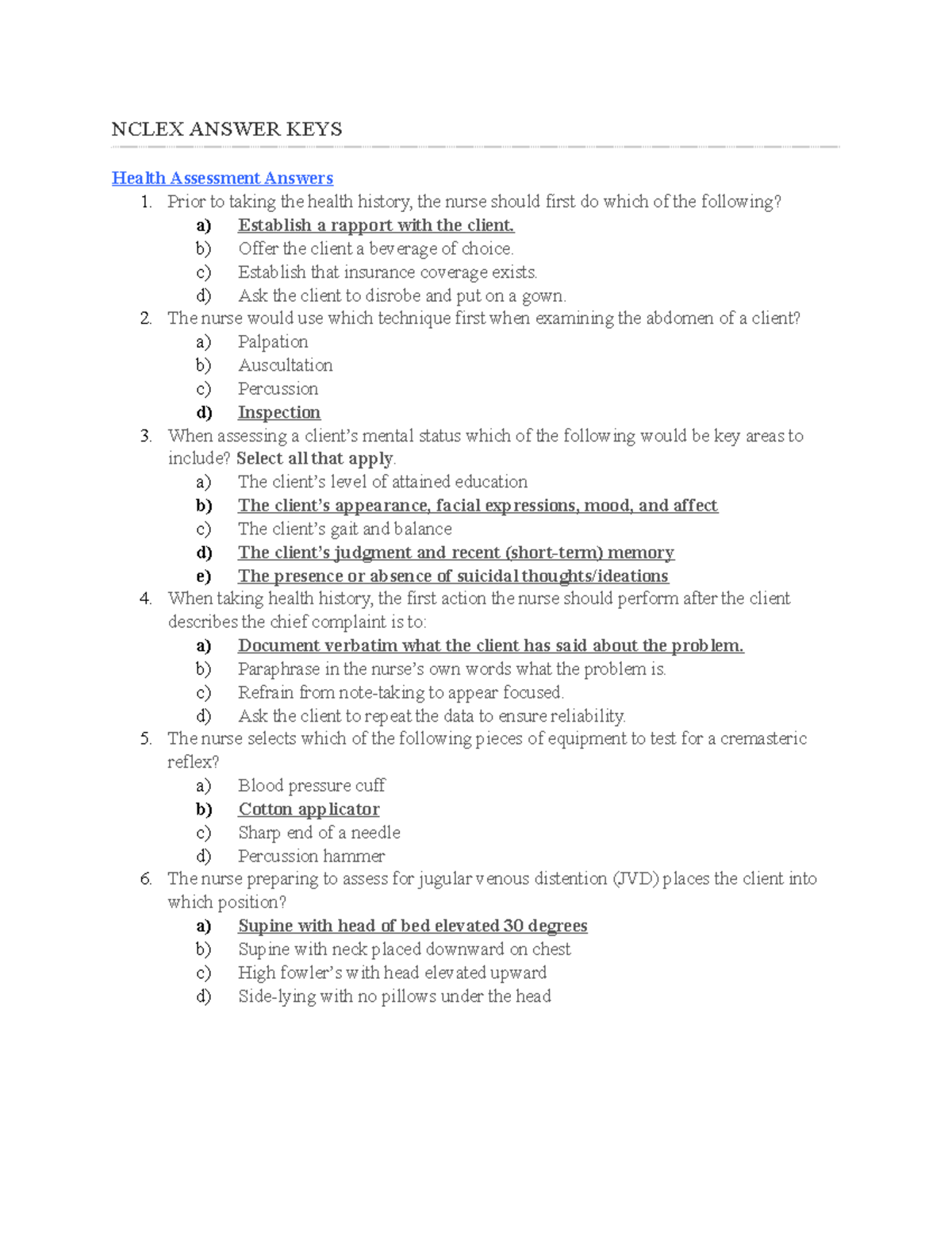 Nclex Practice (1) Answer KEY - NCLEX ANSWER KEYS Health Assessment ...