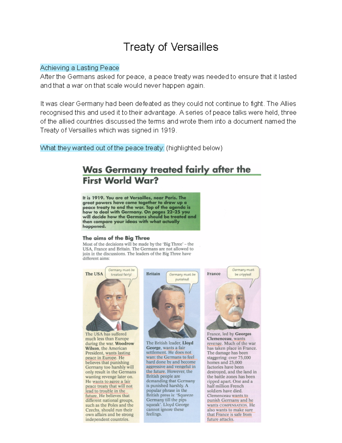 Treaty of Versailles Treaty of Versailles Achieving a Lasting Peace