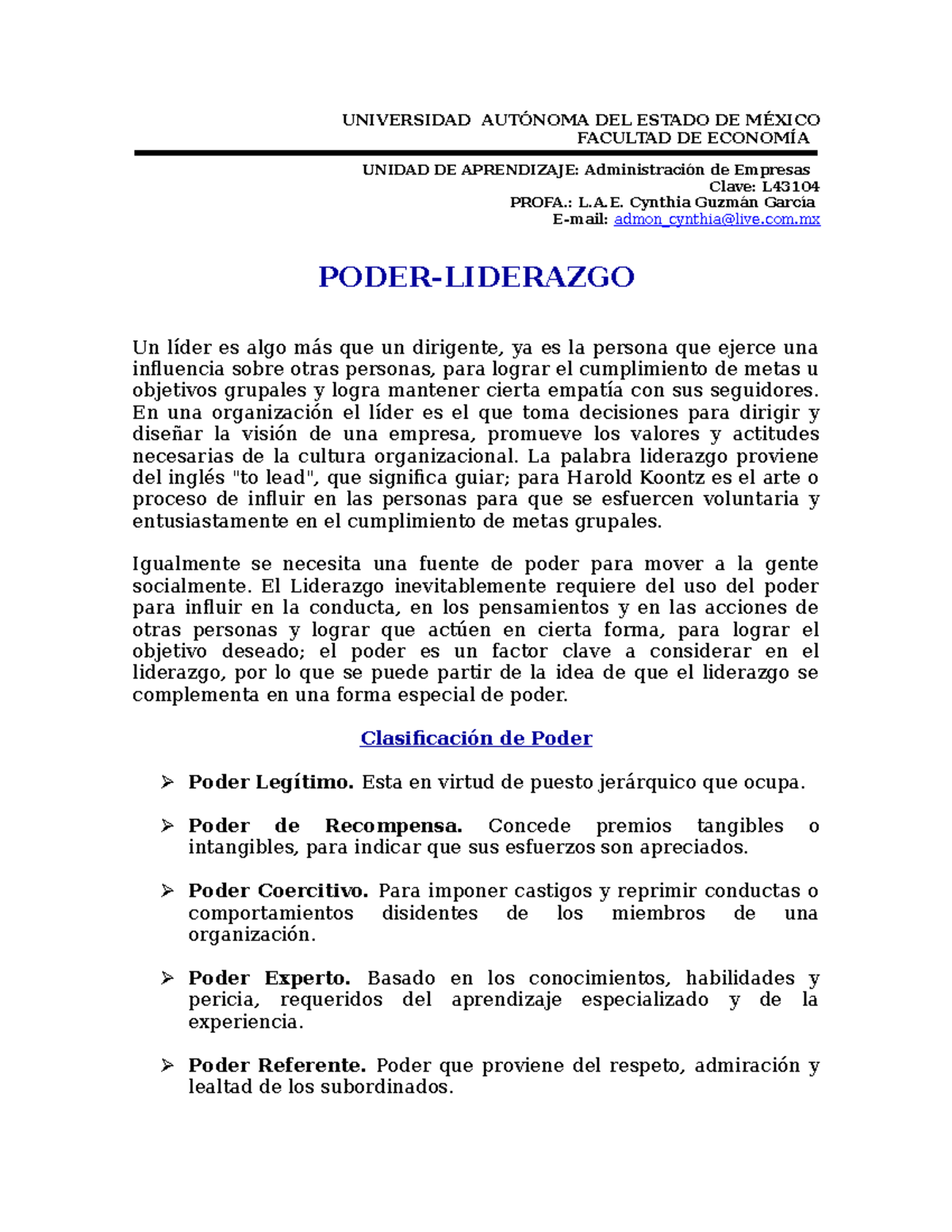 PODER-LIDERAZGO - UNIVERSIDAD AUTÓNOMA DEL ESTADO DE MÉXICO FACULTAD DE ...