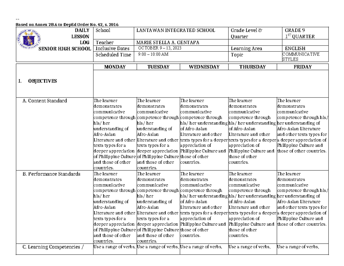 Dll English 8 Lesson Plan Based On Annex 2b To Deped Order No 42 S 2016 Daily Lesson Log 7636