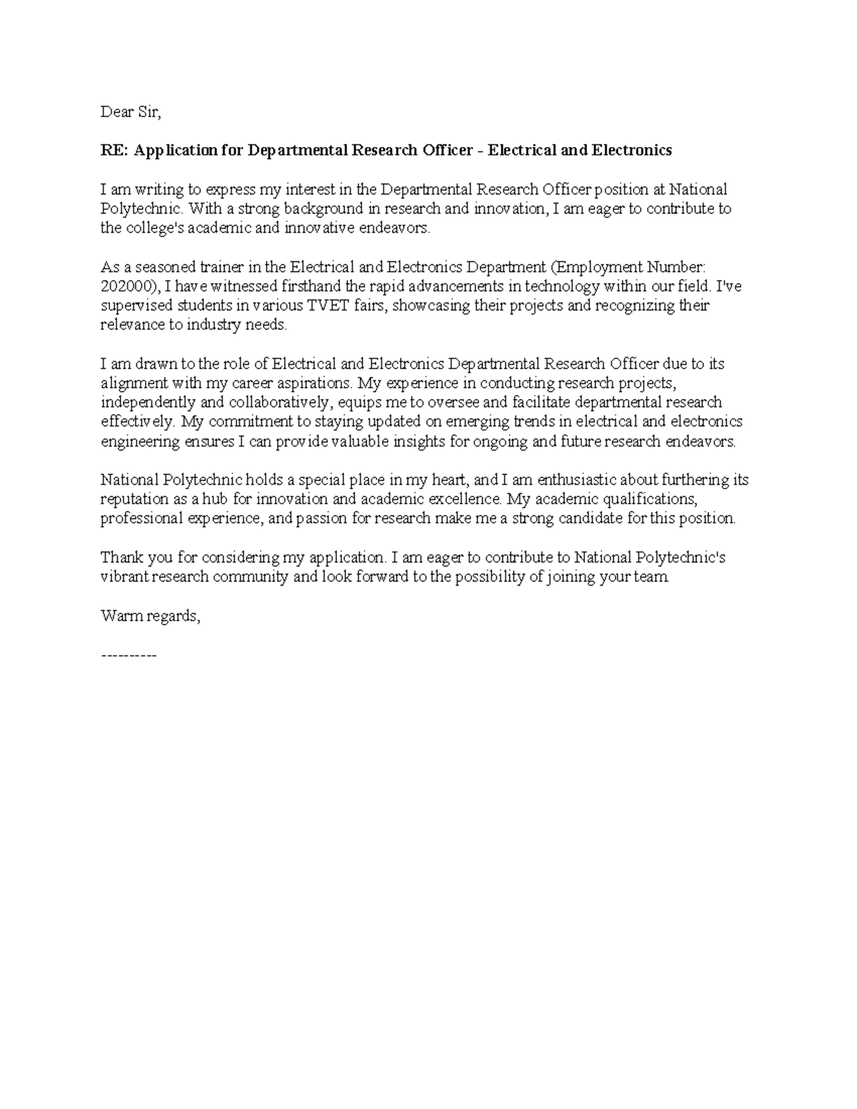 Application letter - Dear Sir, RE: Application for Departmental ...