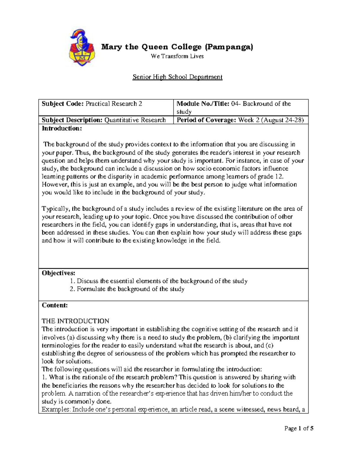 PR2 Module 4 notes Mary the Queen College (Pampanga) We Transform