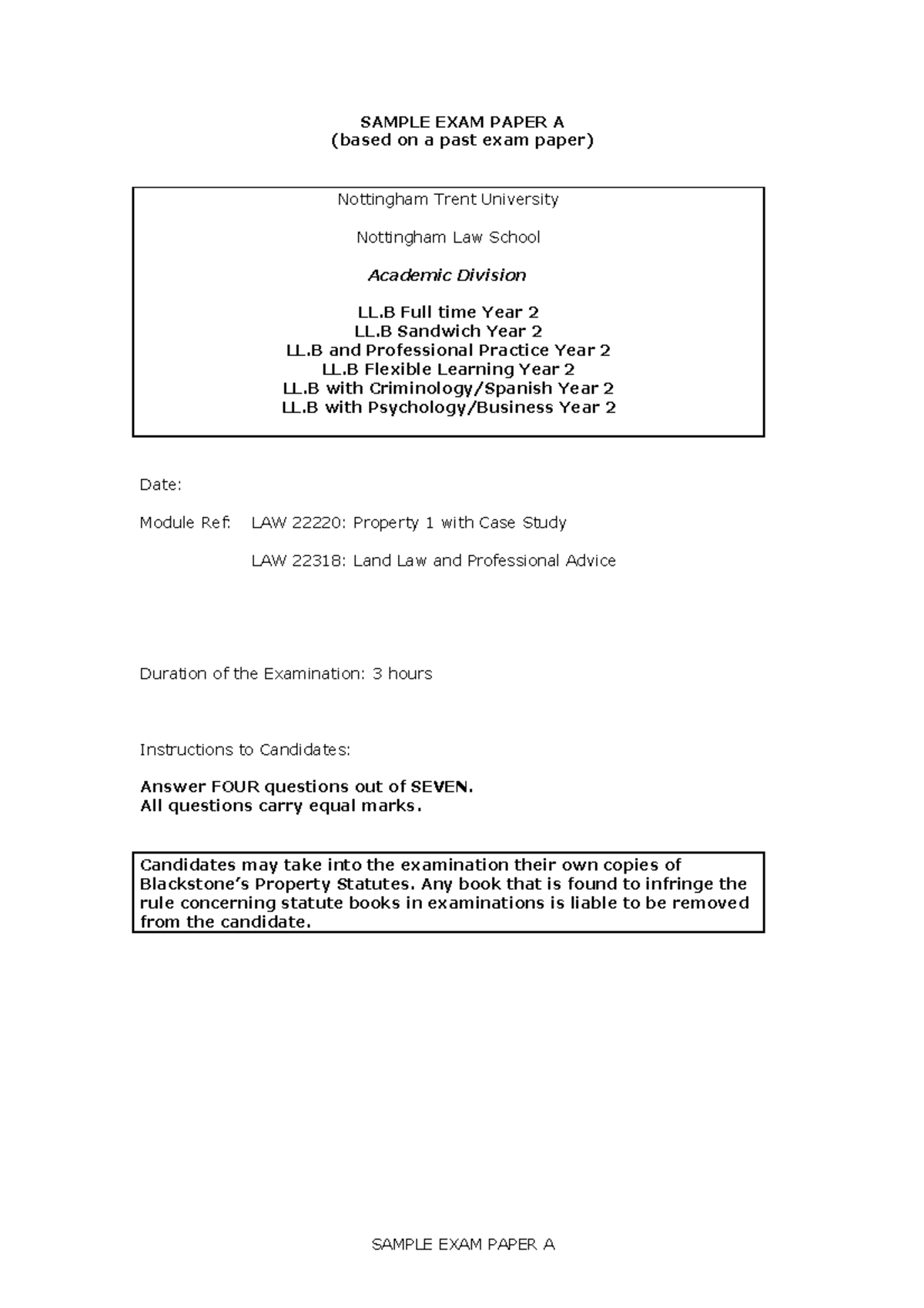 Sample Exam Paper A - SAMPLE EXAM PAPER A (based on a past exam paper ...