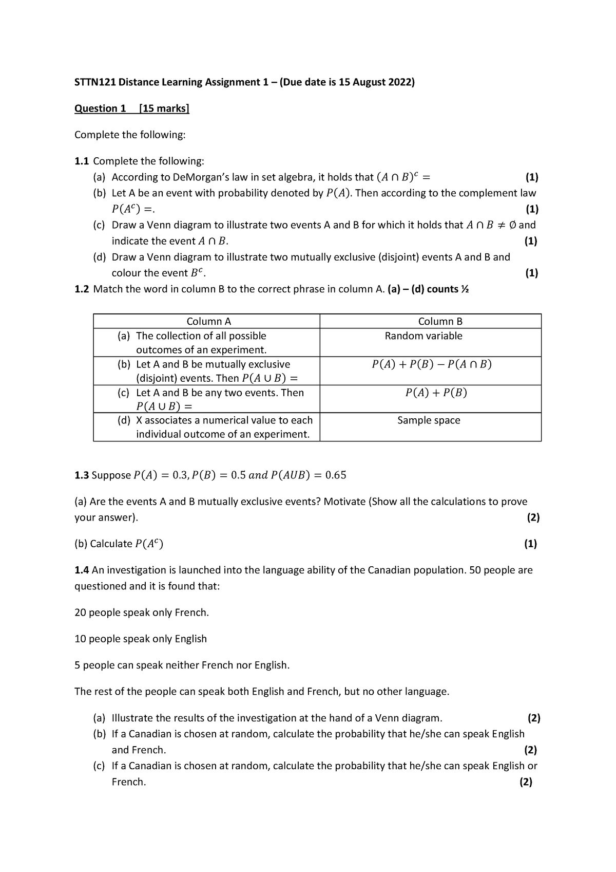 STTN121 3 - STTN question papers - STTN121 Distance Learning Assignment ...