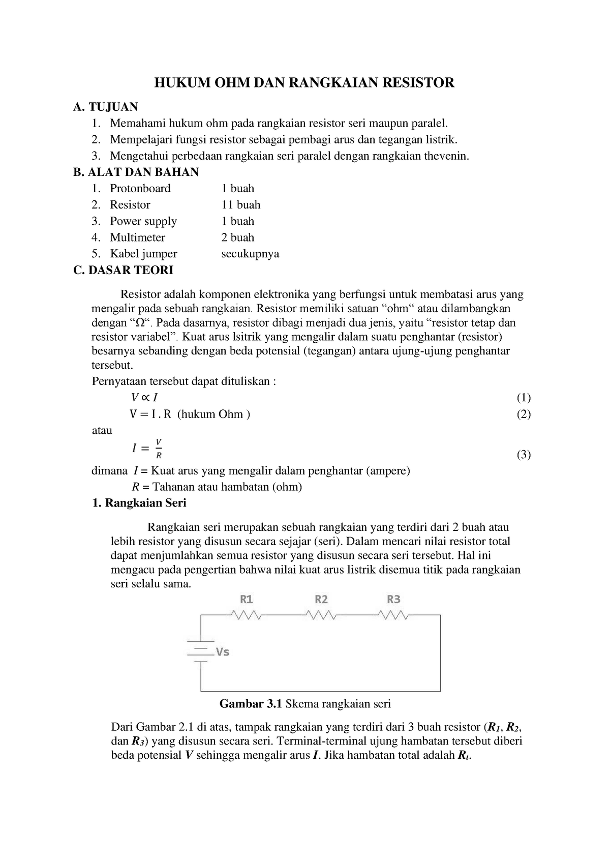 Modul Percobaan Hukum Ohm - HUKUM OHM DAN RANGKAIAN RESISTOR A. TUJUAN ...