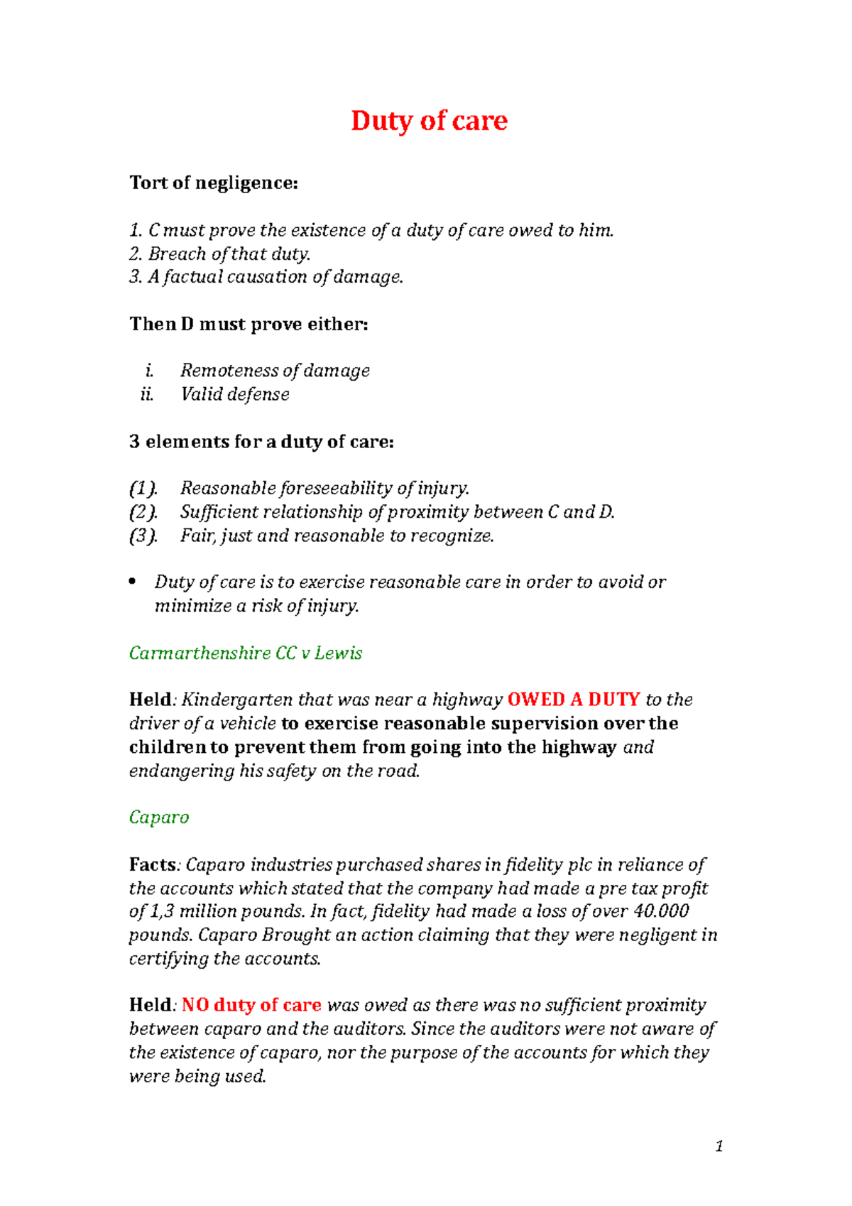 1. Duty Of Care - Tort Law - Duty Of Care Tort Of Negligence: C Must ...