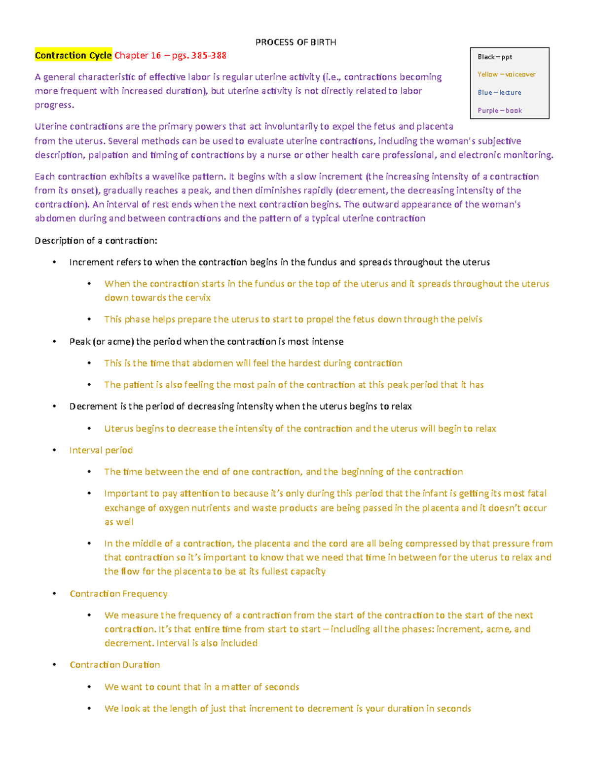 4 - Process of Birth - Lecture notes - Contraction Cycle Chapter 16 ...