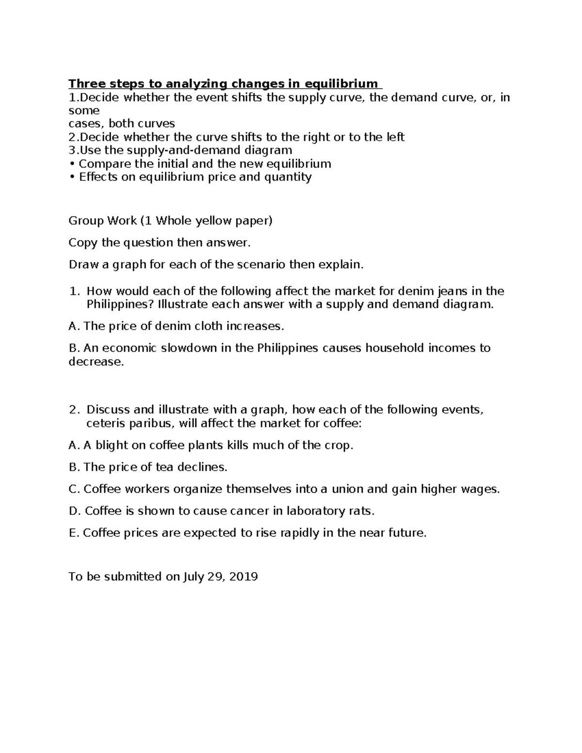 Activity ECON - Three steps to analyzing changes in equilibrium 1 ...