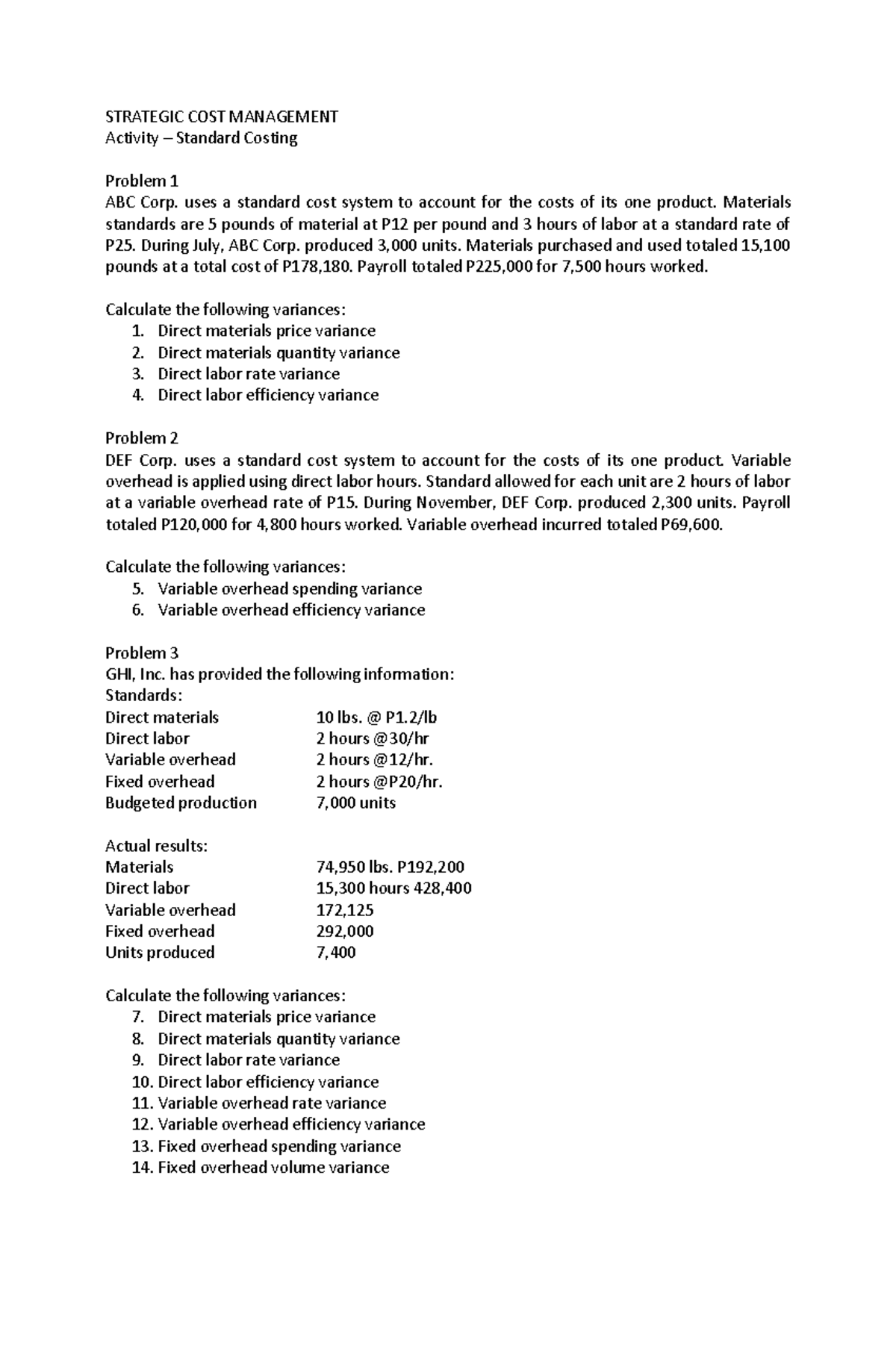 Activity Standard Costing - STRATEGIC COST MANAGEMENT Activity 3 ...