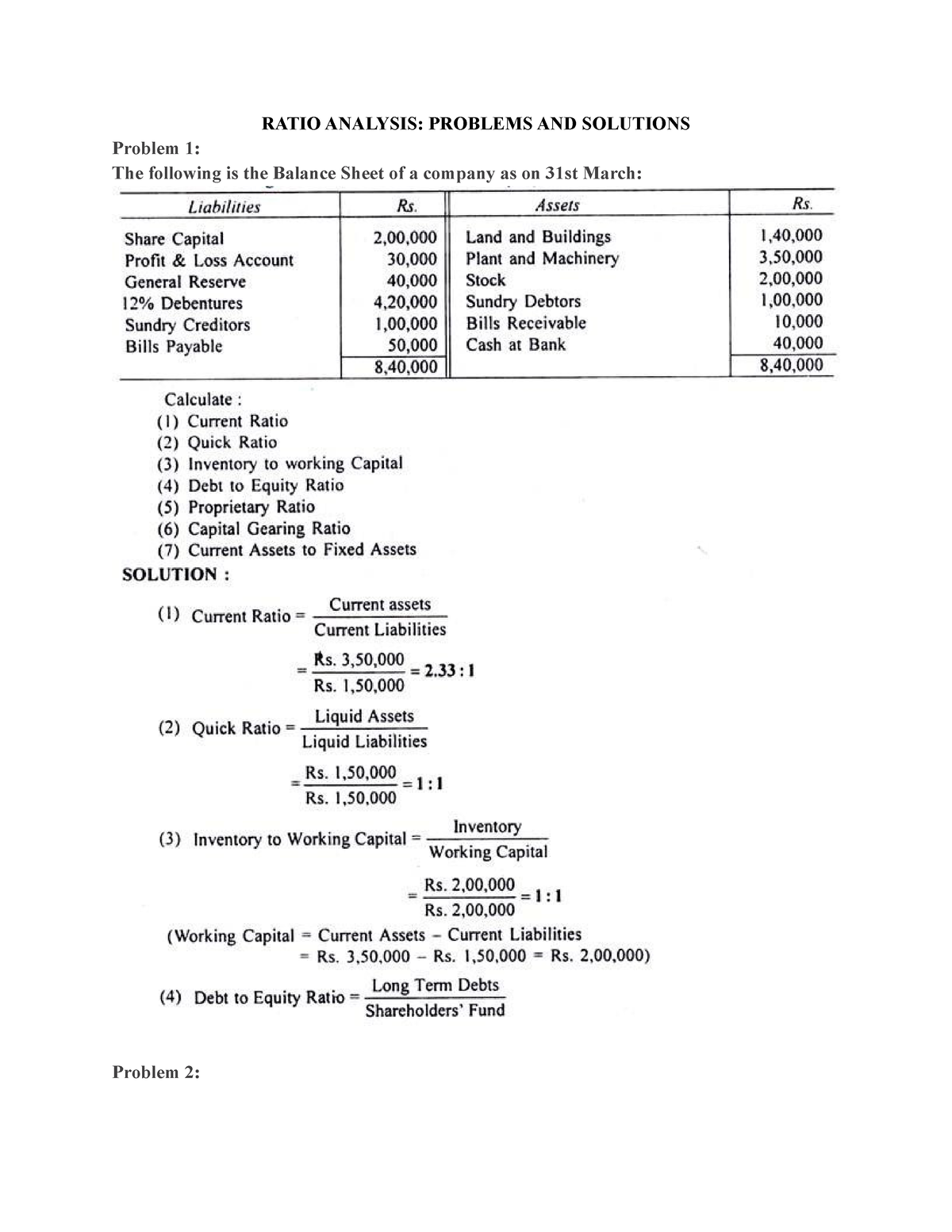 Ratio Analysis RATIO ANALYSIS PROBLEMS AND SOLUTIONS Problem 1 The 