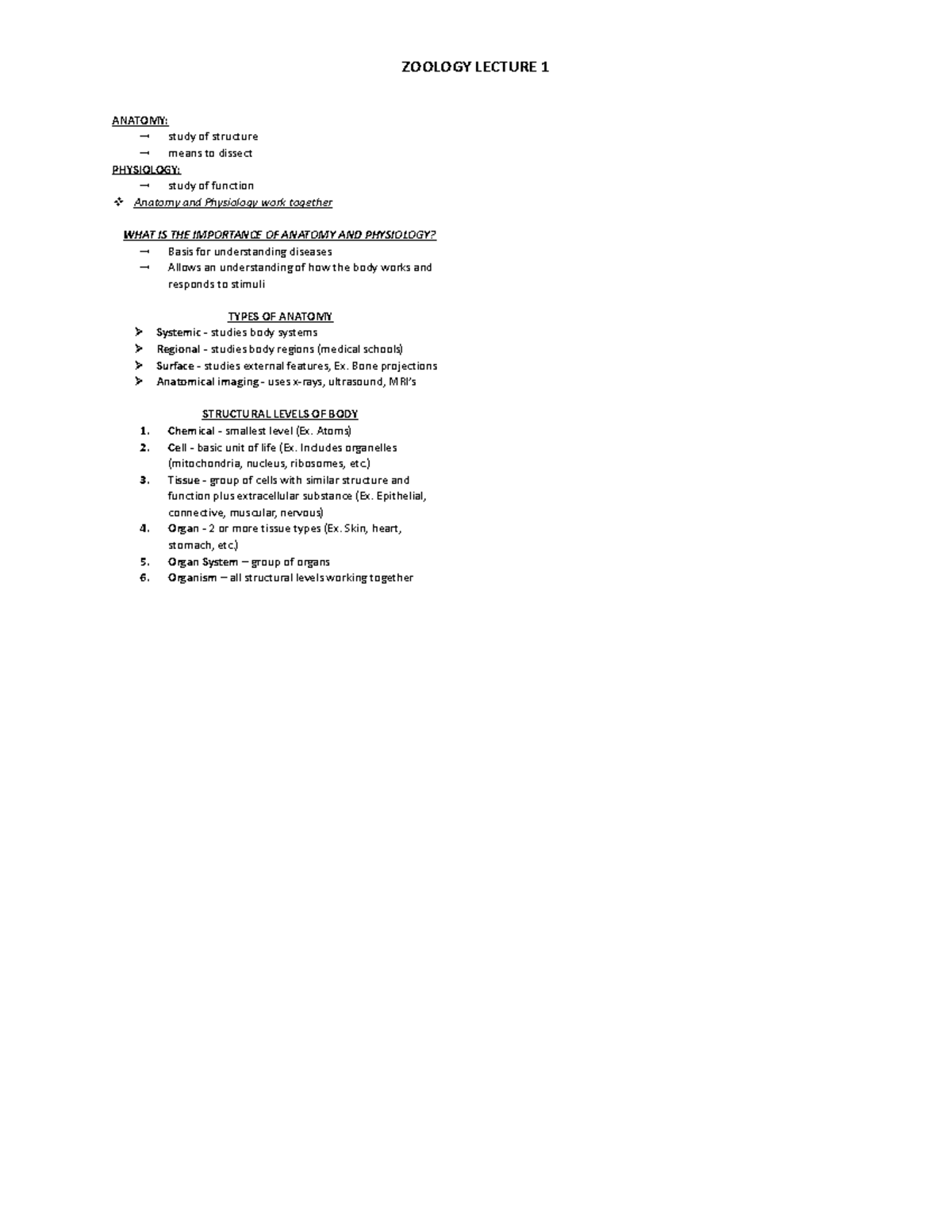 Anatomy lecture notes ZOOLOGY LECTURE 1 ANATOMY study of structure