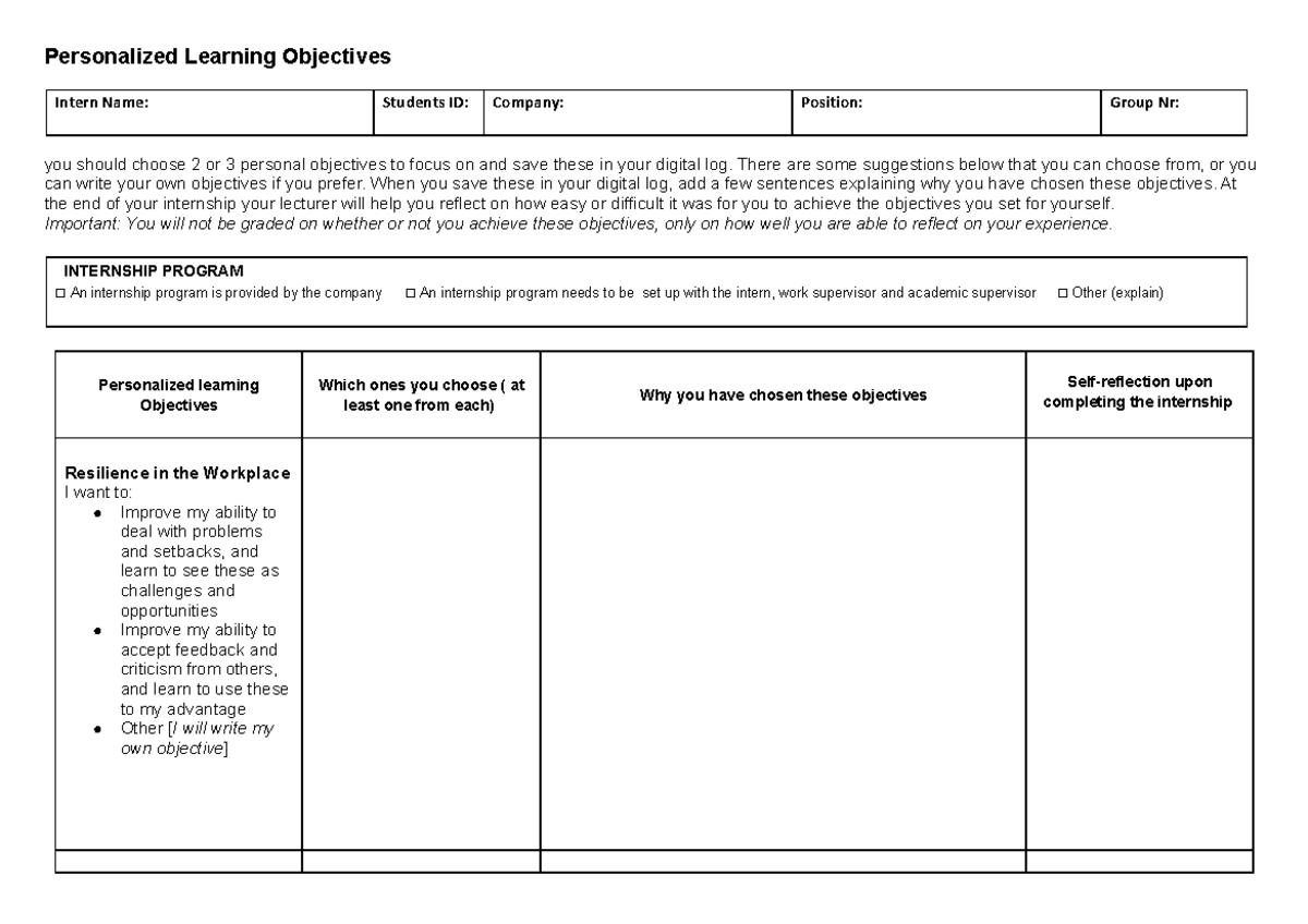 Personalized Learning Objectives (plos) Template - Personalized 