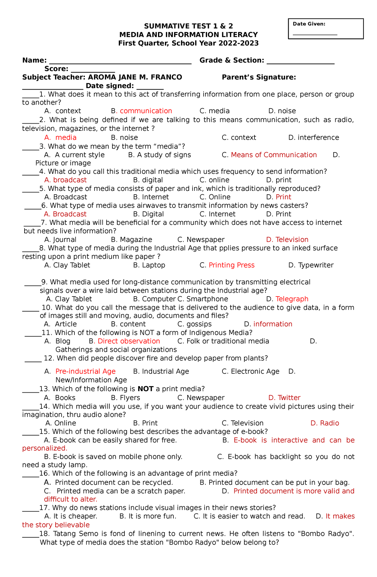 MIL-Q1-ST2-SY 2022-2023 - SUMMATIVE TEST 1 & 2 MEDIA AND INFORMATION ...