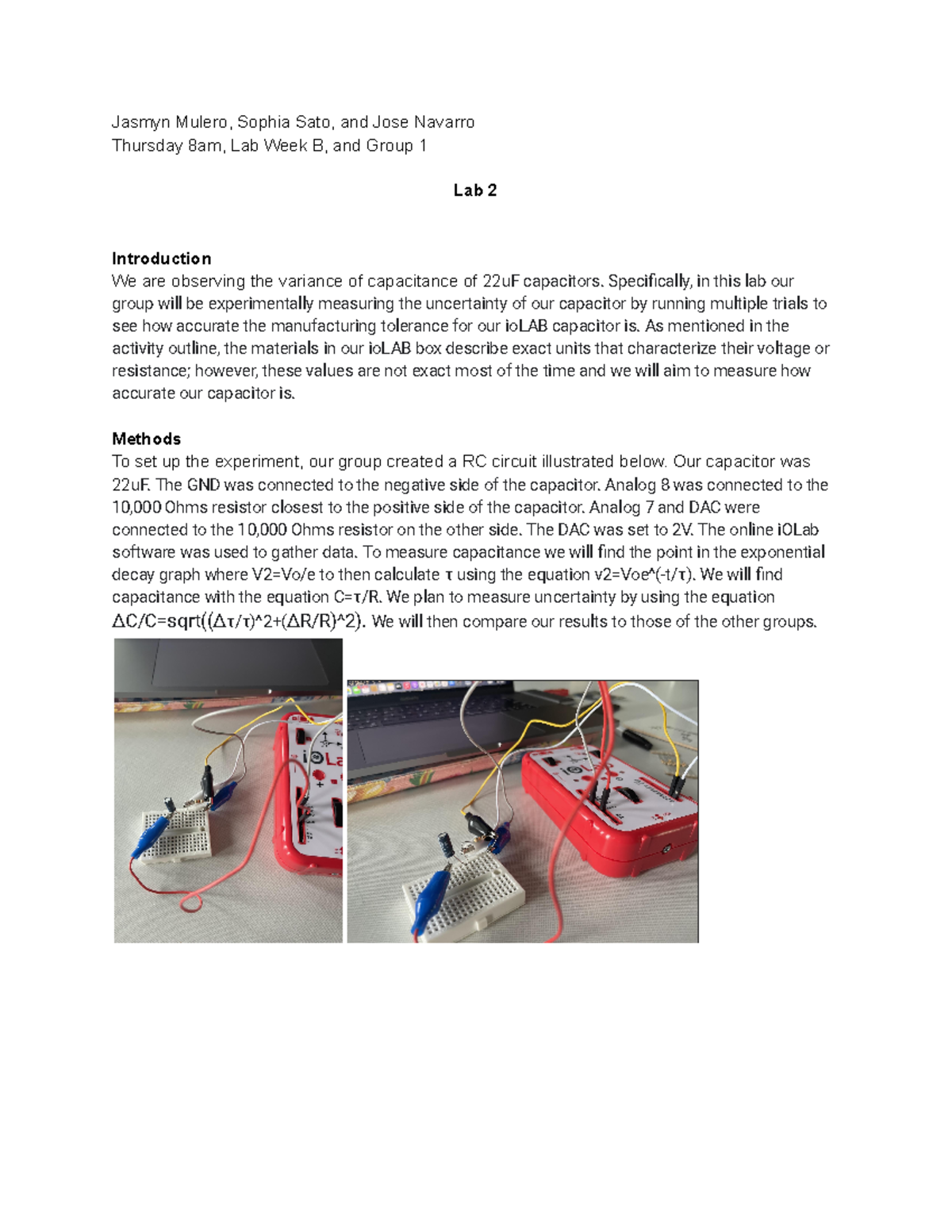 PHYSICS 102 Lab Report 2 capacitors Jasmyn Mulero, Sophia Sato