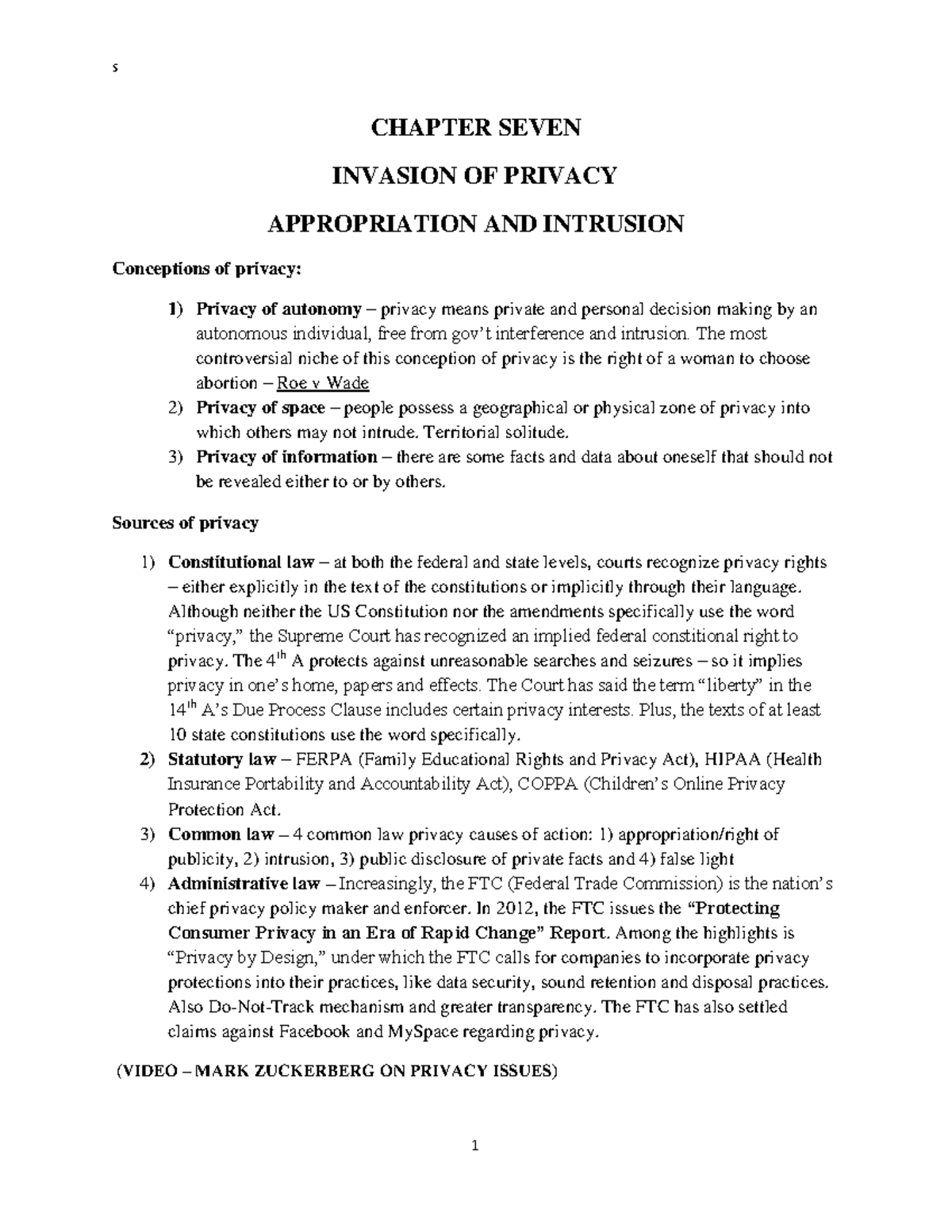 Chapter+ Seven - Chapter 7 Notes - s CHAPTER SEVEN INVASION OF PRIVACY ...