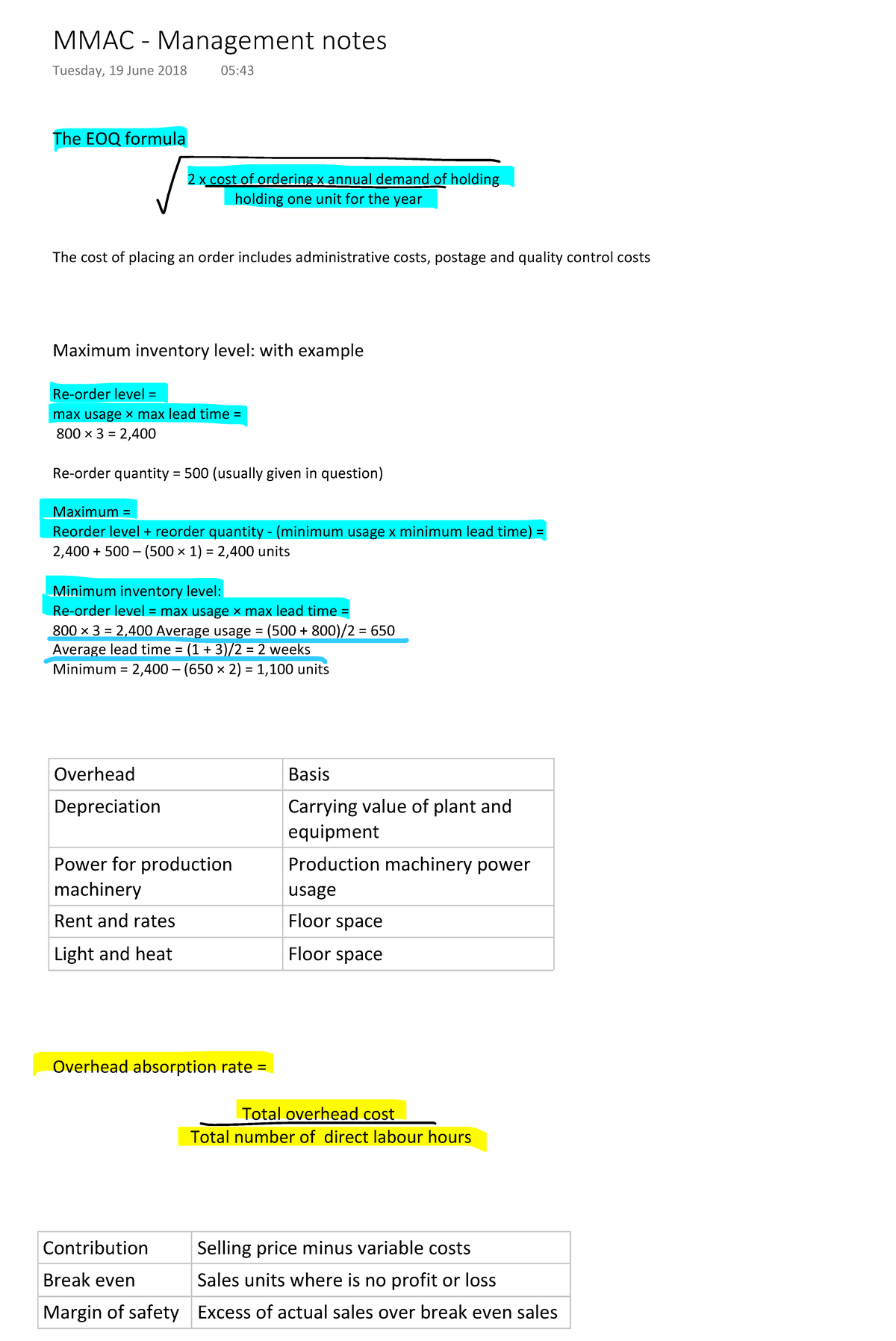 MMAC - Management notes - The EOQ formula 2 x cost of ordering x annual ...