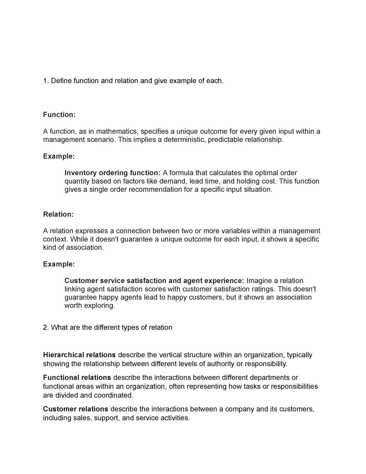 Management Science Activity 1 - Define function and relation and give