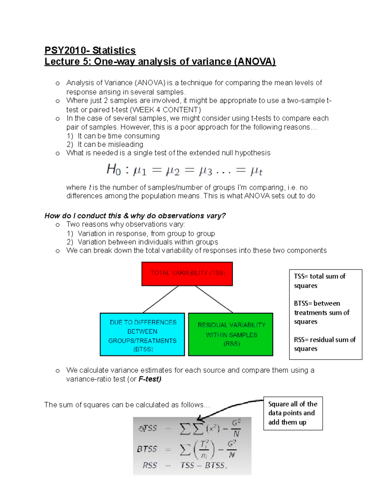Lec 5- one way Anova - Lecture notes 5 - PSY2010- Statistics Lecture 5 ...