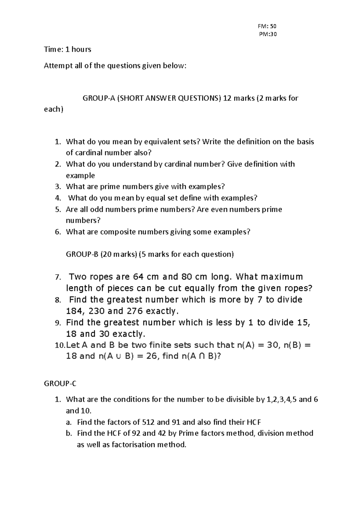 Time - FM: 50 PM: Time: 1 hours Attempt all of the questions given ...