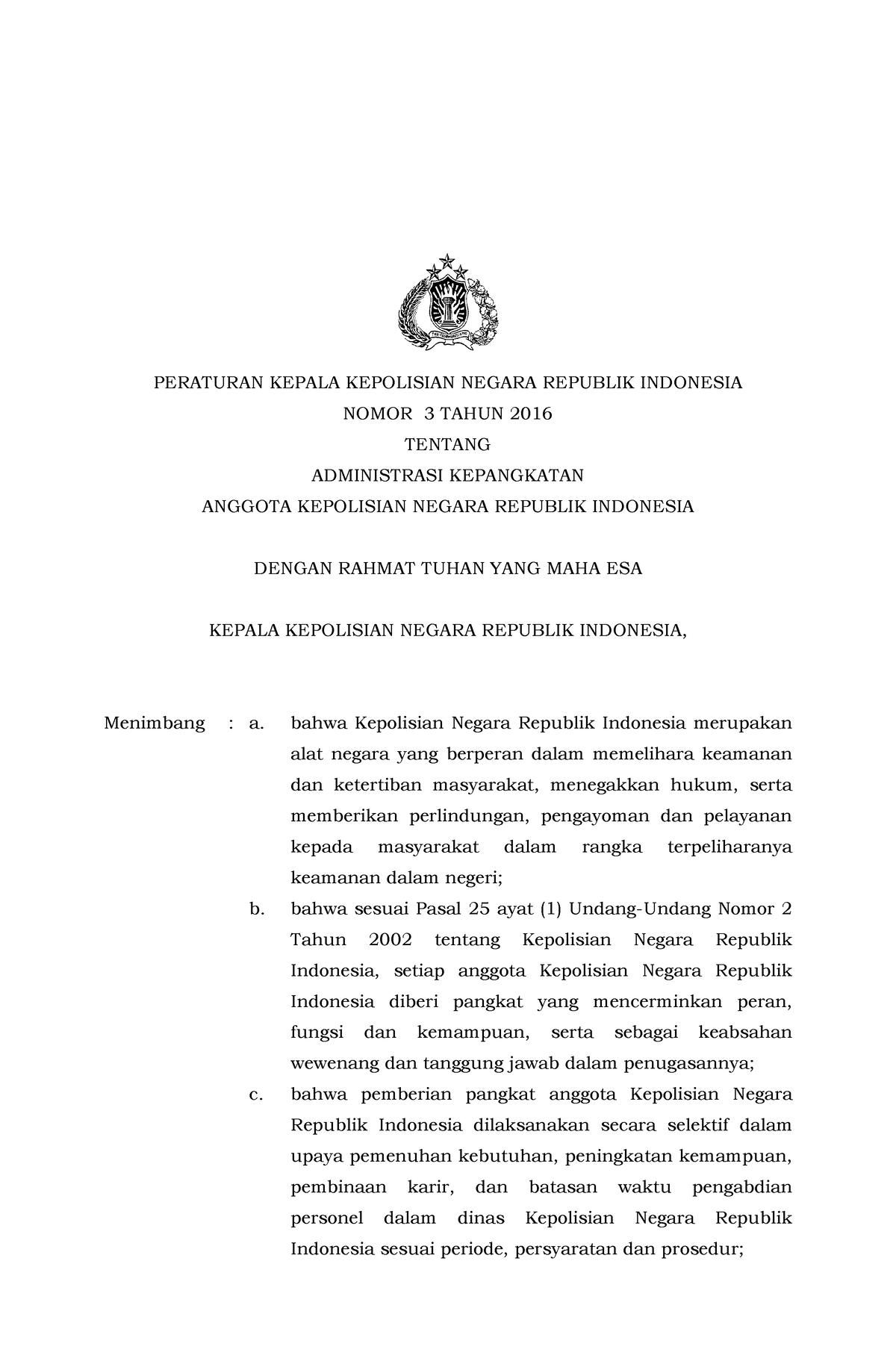 Perkap Nomor 3 Tahun 2016 TTG ADM Kepangkatan Polri - PERATURAN KEPALA ...