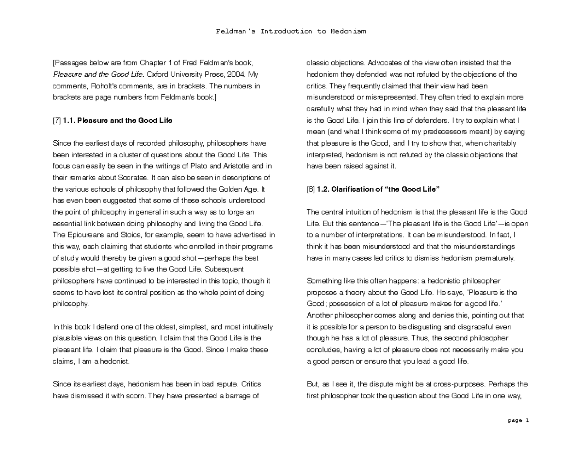 I. Feldman's Introduction to Hedonism - Feldman's Introduction to ...