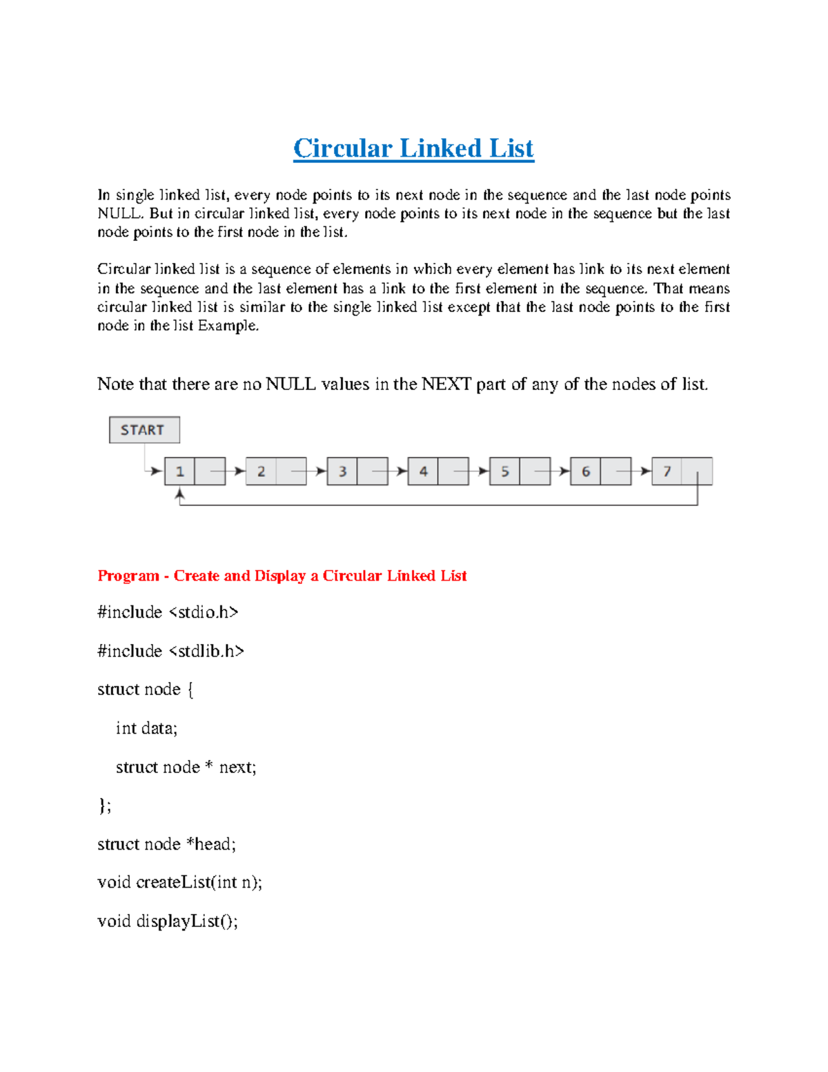 Circular Linked List Notes - Circular Linked List In single linked list ...