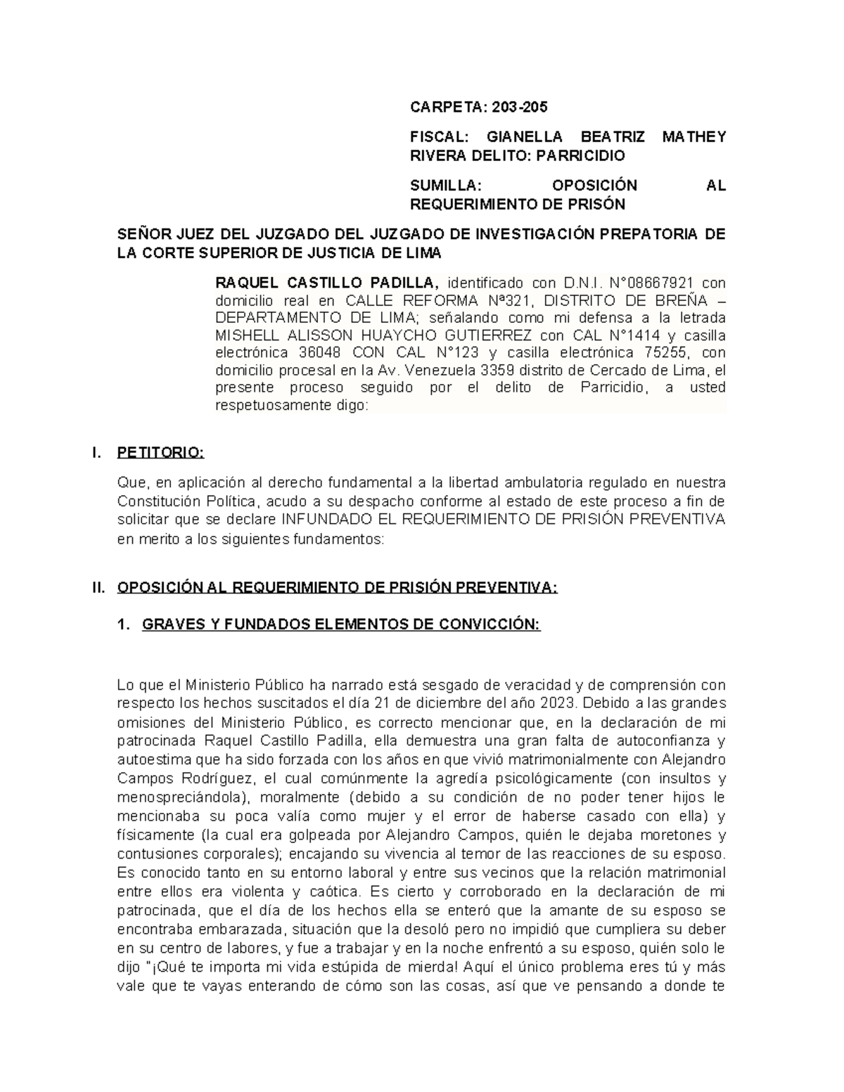Absolución de Prisión Preventiva - Caso Raquel Castillo - CARPETA: 203 ...