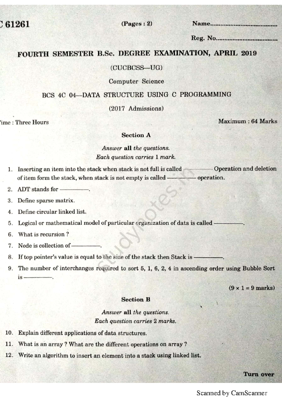 CS SEM III DATA Structure Using C April 2019 - C 61261 (Pages : 2) Name ...