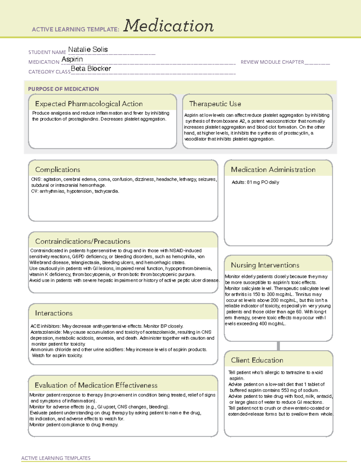 Aspirin - south texas college - ACTIVE LEARNING TEMPLATES Medication ...